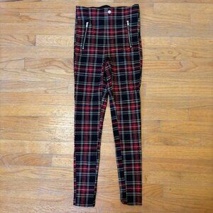 Zara Red Tartan Plaid Zipper-Front Skinny High-Rise Legging Pants Size Small